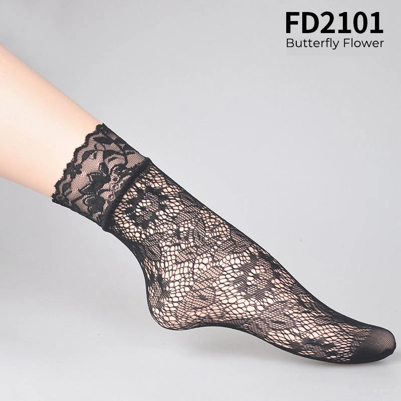 Women Retro Gothic Summer Lace Top Floral Fishnet Ankle Socks Lady Black Nylon Short Lace Stockings 23 Models Shoe Size 5-10