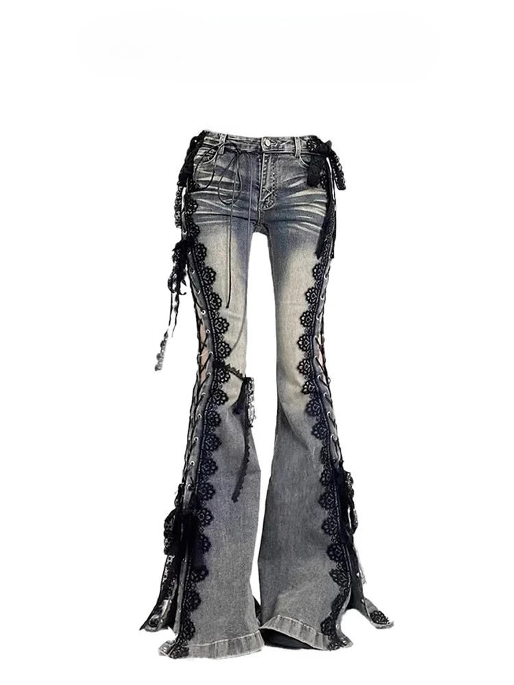 2026 Women Aesthetic Hot Girls Harajuku Y2K Low Rise Lace Jeans Streetwear Denim Flare Pants Bell-Bottom Y2k Japanese Goth Gyaru