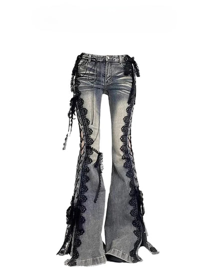 2026 Women Aesthetic Hot Girls Harajuku Y2K Low Rise Lace Jeans Streetwear Denim Flare Pants Bell-Bottom Y2k Japanese Goth Gyaru