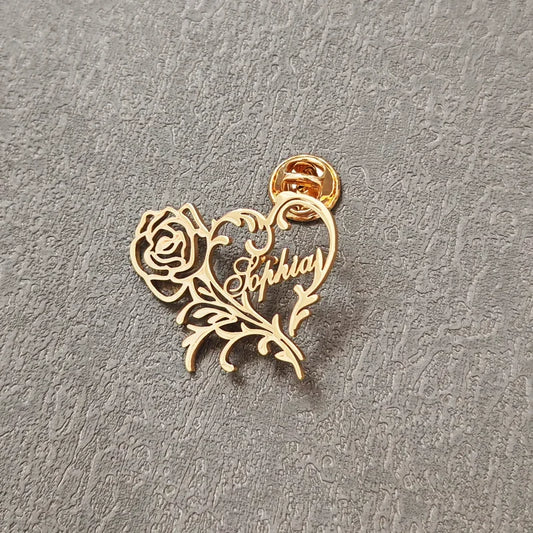 Custom Rose Heart Name Brooch Personalized Fashion Metal Stainless Steel Pins Women Jewelry Girlfriend Birthday Wedding Gift