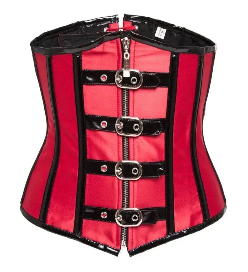 Gothic Steampunk Underbust Corset Top Black Red Spiral Steel Boned Waist Trainer Bustier with Zip Buckles Sliming Corselet