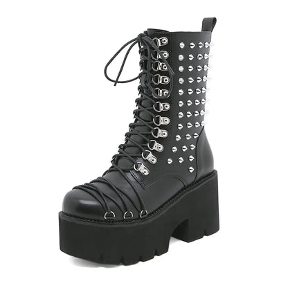 Women Motorcycle Punk Boots Mori Girl Lady Lolita Boots Woman High Top Boots Platform Fashion Rivets Goth Dark