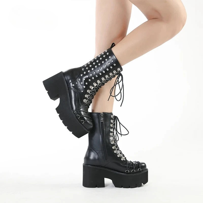 Women Motorcycle Punk Boots Mori Girl Lady Lolita Boots Woman High Top Boots Platform Fashion Rivets Goth Dark
