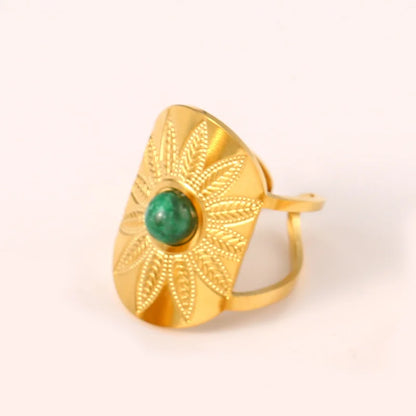Exquisite Natural Stone Stainless Steel Flower Opening Rings 18k Gold Cubic Zirconia Finger Jewelry For Women Wedding Gift