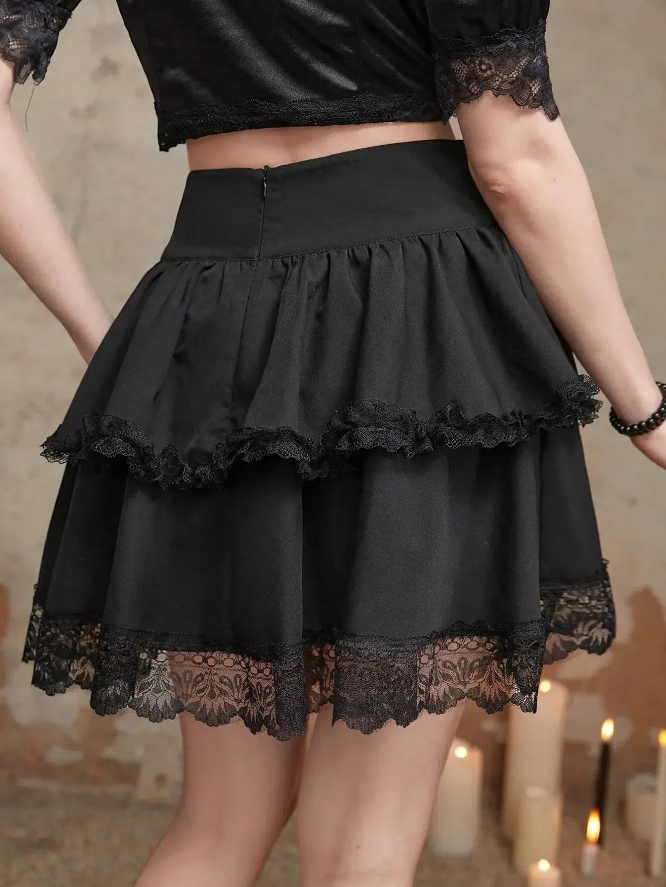 ROMWE Goth Women's Punk Cross Metal Decor Ruffle Hem Skirt
