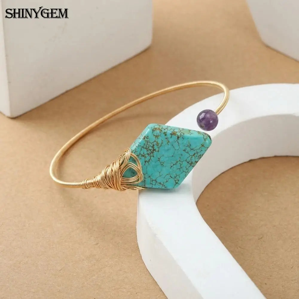 Handmade Natural Turquoise & Amethyst | Adjustable Wire Wrapped Handmade Bracelet