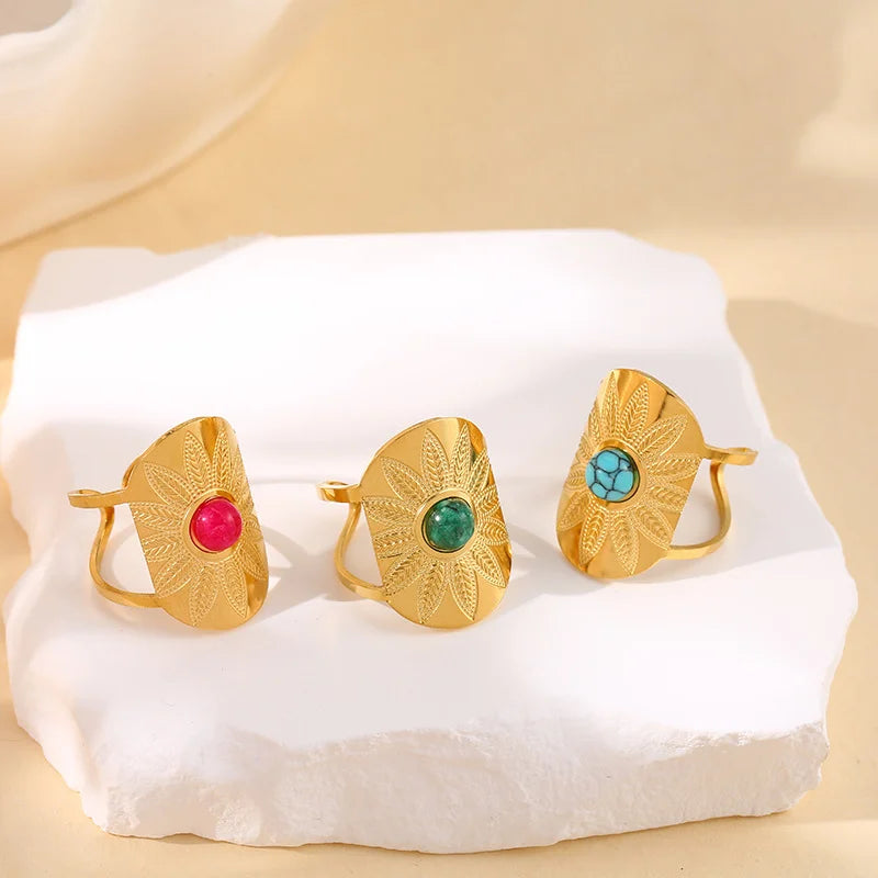 Exquisite Natural Stone Stainless Steel Flower Opening Rings 18k Gold Cubic Zirconia Finger Jewelry For Women Wedding Gift