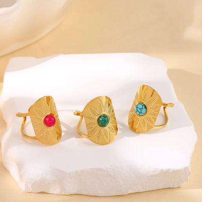 Exquisite Natural Stone Stainless Steel Flower Opening Rings 18k Gold Cubic Zirconia Finger Jewelry For Women Wedding Gift