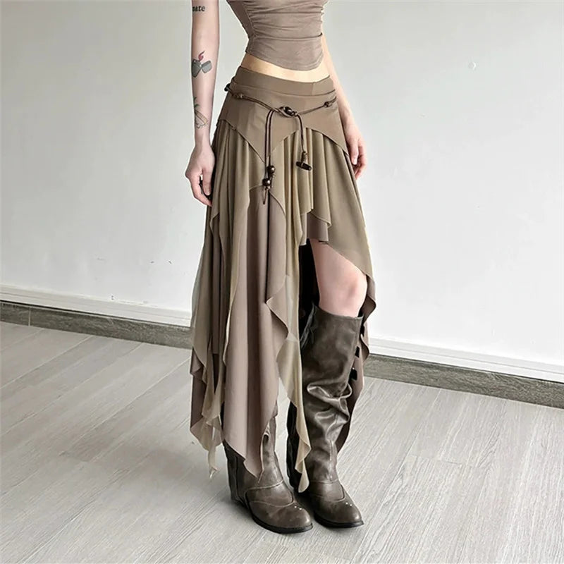 Goth Dark 90s Vintage Bottoms Cyber Y2K Multi-Layer Irregular Hem Skirt Mesh Stitch Women Streetwear Punk Fashion Split Skirts