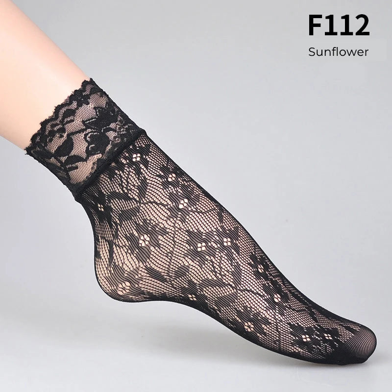 Women Retro Gothic Summer Lace Top Floral Fishnet Ankle Socks Lady Black Nylon Short Lace Stockings 23 Models Shoe Size 5-10