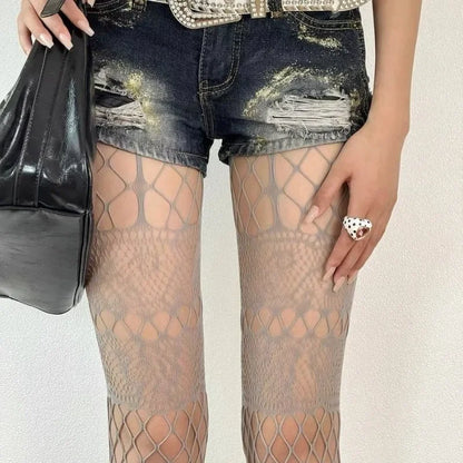 New Hollow Design Grey Pantyhose Goth Punk Cool Nylon Fishnet Stockings Women Japanese Lolita Uniform Slim Bottomed Mesh Tights