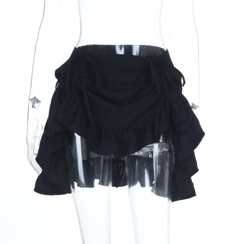 Goth Pure Color Fashion Irregula Hem A-line Skirts Mall Gothic Drawstring Pleated Mini Skirt Women Punk Streetwear Bottoms