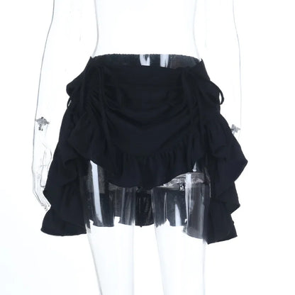 Goth Pure Color Fashion Irregula Hem A-line Skirts Mall Gothic Drawstring Pleated Mini Skirt Women Punk Streetwear Bottoms
