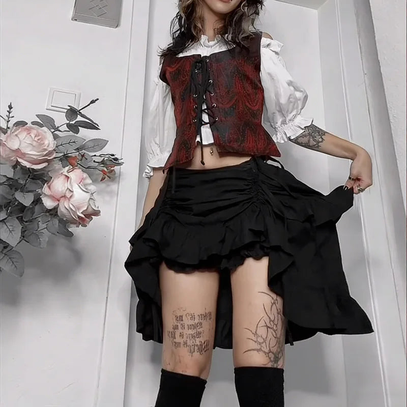 Goth Pure Color Fashion Irregula Hem A-line Skirts Mall Gothic Drawstring Pleated Mini Skirt Women Punk Streetwear Bottoms