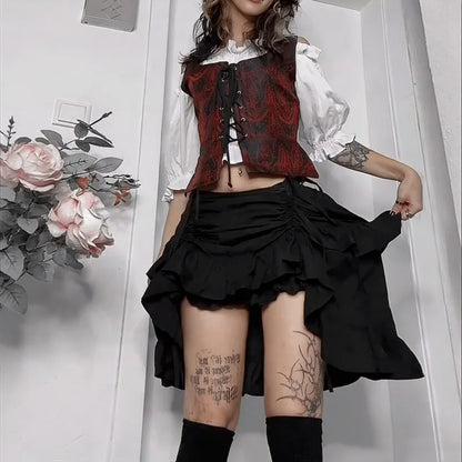 Goth Pure Color Fashion Irregula Hem A-line Skirts Mall Gothic Drawstring Pleated Mini Skirt Women Punk Streetwear Bottoms