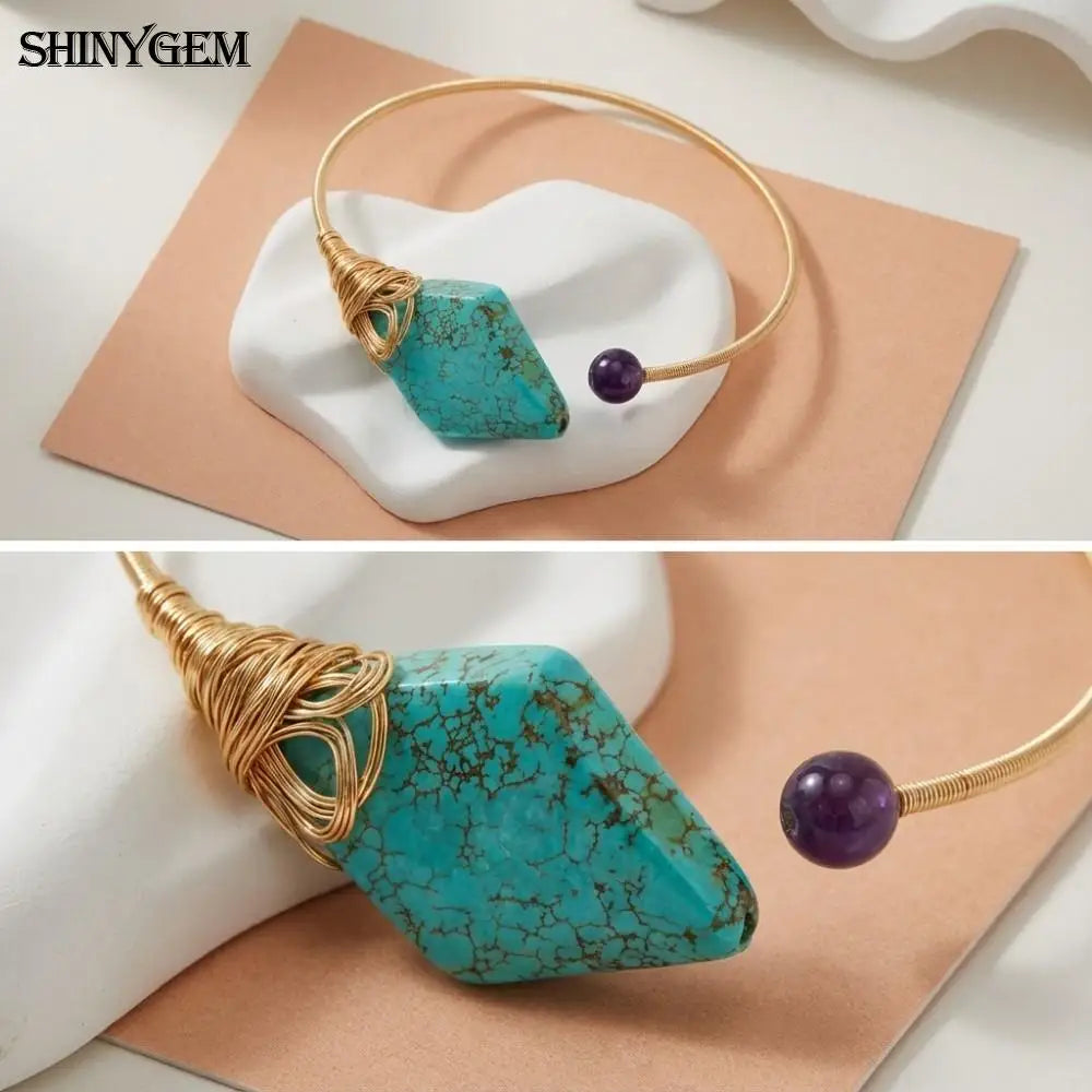 Handmade Natural Turquoise & Amethyst | Adjustable Wire Wrapped Handmade Bracelet