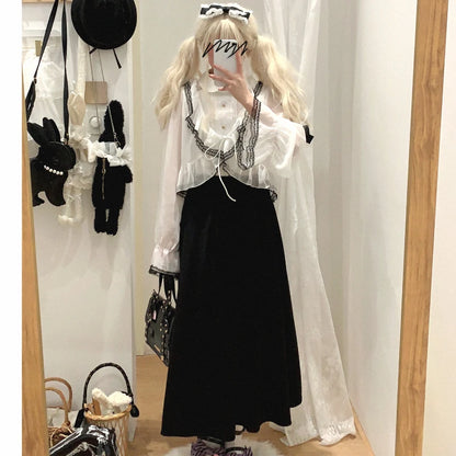 Japanese Sweet Lolita Style Short Cardigan Women Kawaii Lace Reffles Lace-ups Chiffon Coat Korean Fashion Gothic Y2k Crop Tops