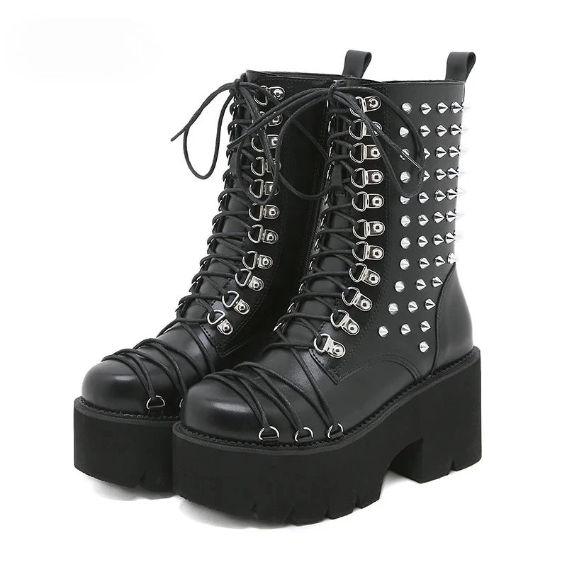 Women Motorcycle Punk Boots Mori Girl Lady Lolita Boots Woman High Top Boots Platform Fashion Rivets Goth Dark