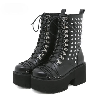 Women Motorcycle Punk Boots Mori Girl Lady Lolita Boots Woman High Top Boots Platform Fashion Rivets Goth Dark