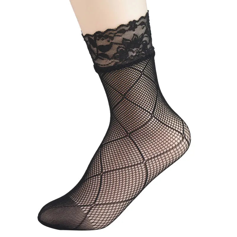 Women Retro Gothic Summer Lace Top Floral Fishnet Ankle Socks Lady Black Nylon Short Lace Stockings 23 Models Shoe Size 5-10