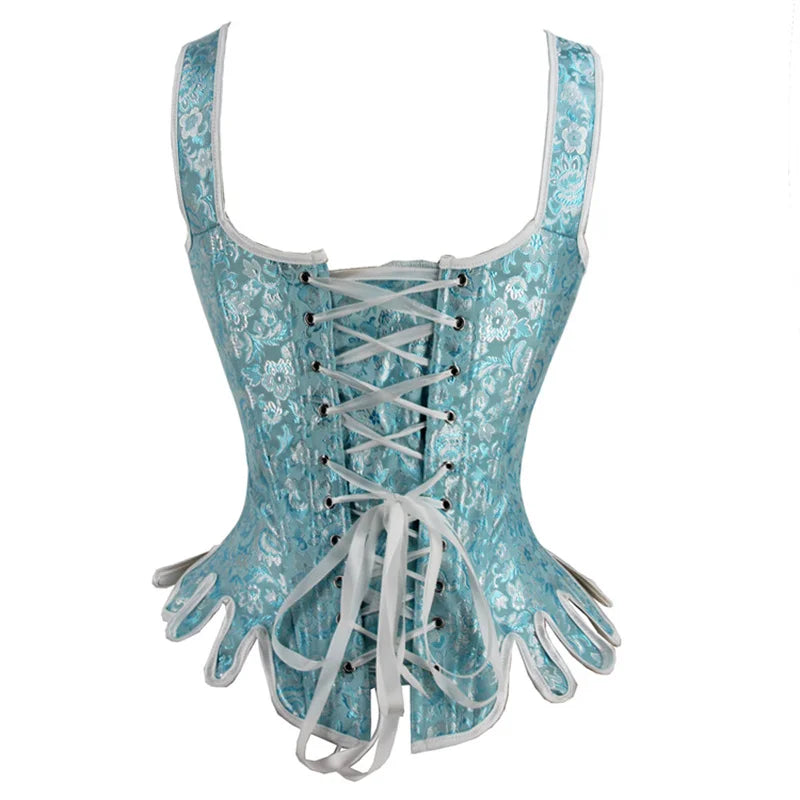 Women Corset Top with Shoulder Strap Gothic Black Blue Lace Up Overbust Embroidery Bustier Vest Renissance Costume