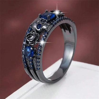 Punk Gun Black Color Women's Zircon Rings Gothic Hollow Rose Design Red Rhinestone Skull Ring Engagement Jewelry Gifts Wholesale