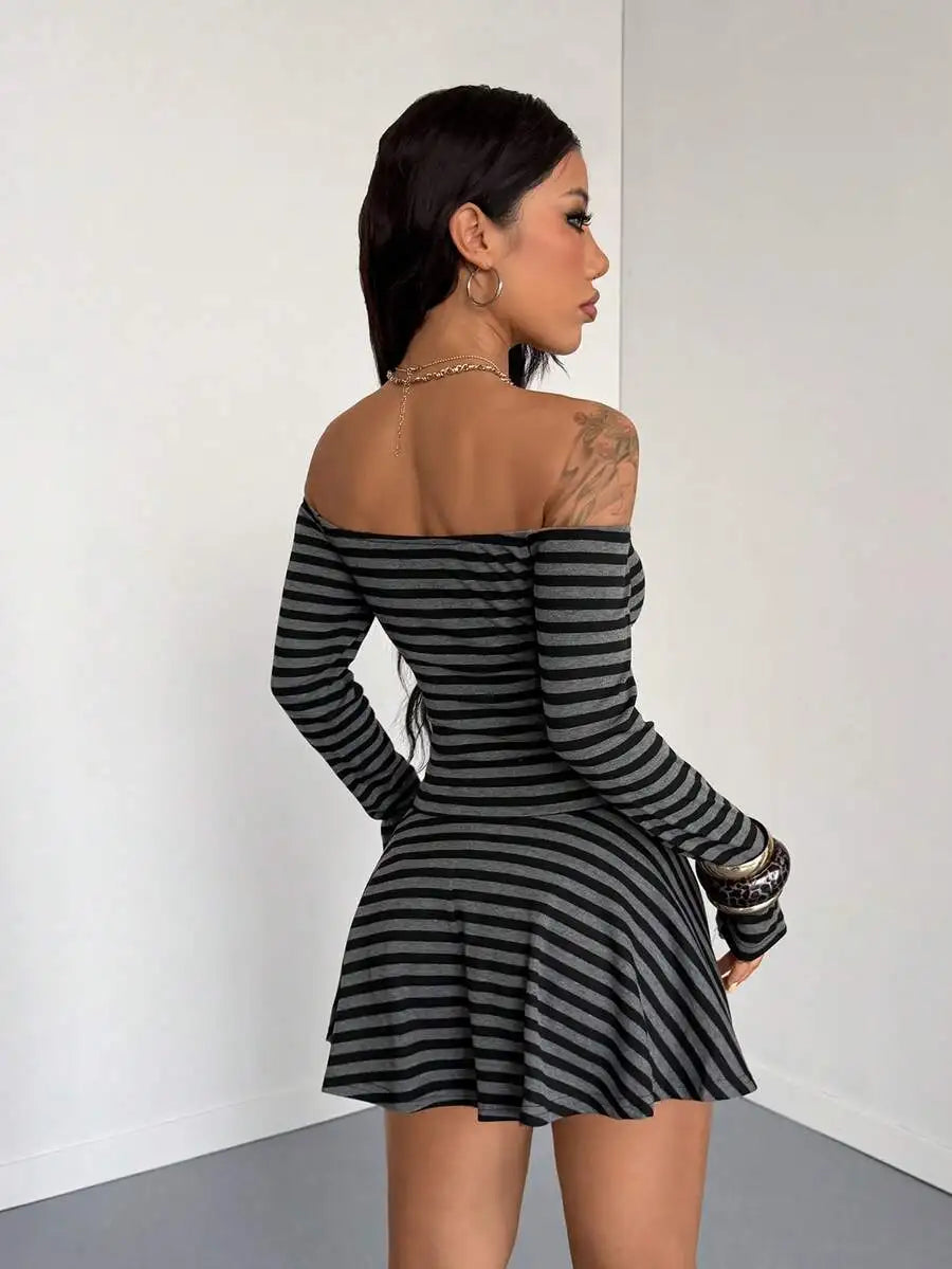 Off Shoulder Striped Long Sleeve Short Dress For Women Street Style
