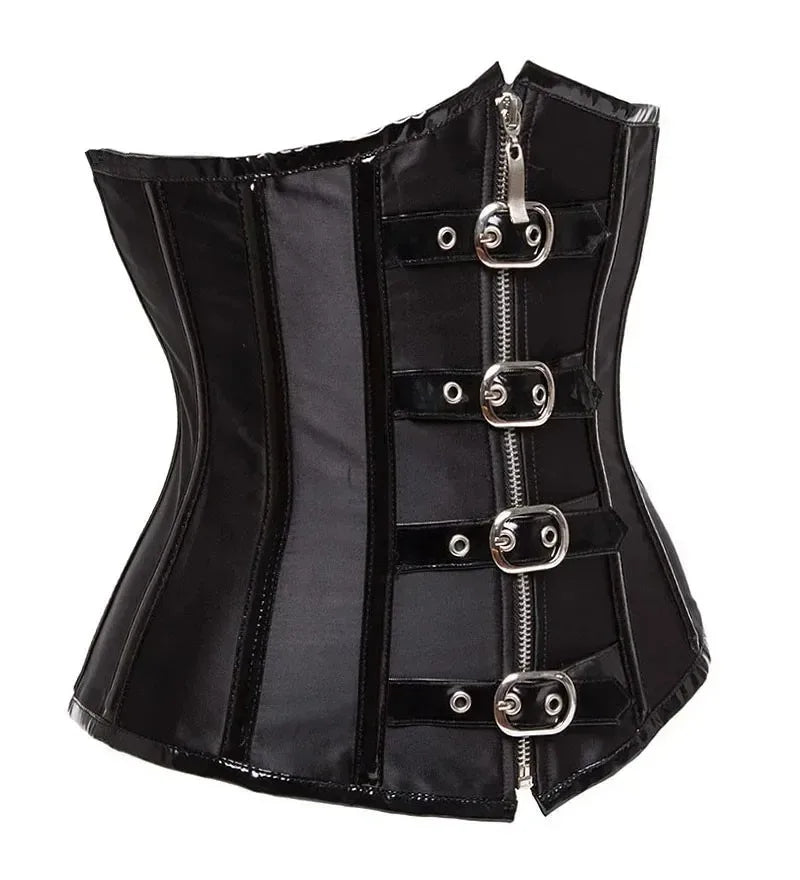 Gothic Steampunk Underbust Corset Top Black Red Spiral Steel Boned Waist Trainer Bustier with Zip Buckles Sliming Corselet