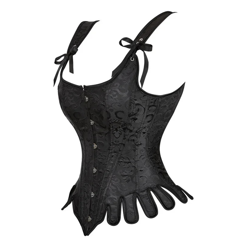 Women Corset Top with Shoulder Strap Gothic Black Blue Lace Up Overbust Embroidery Bustier Vest Renissance Costume