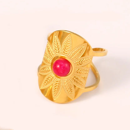 Exquisite Natural Stone Stainless Steel Flower Opening Rings 18k Gold Cubic Zirconia Finger Jewelry For Women Wedding Gift