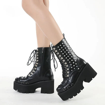 Women Motorcycle Punk Boots Mori Girl Lady Lolita Boots Woman High Top Boots Platform Fashion Rivets Goth Dark