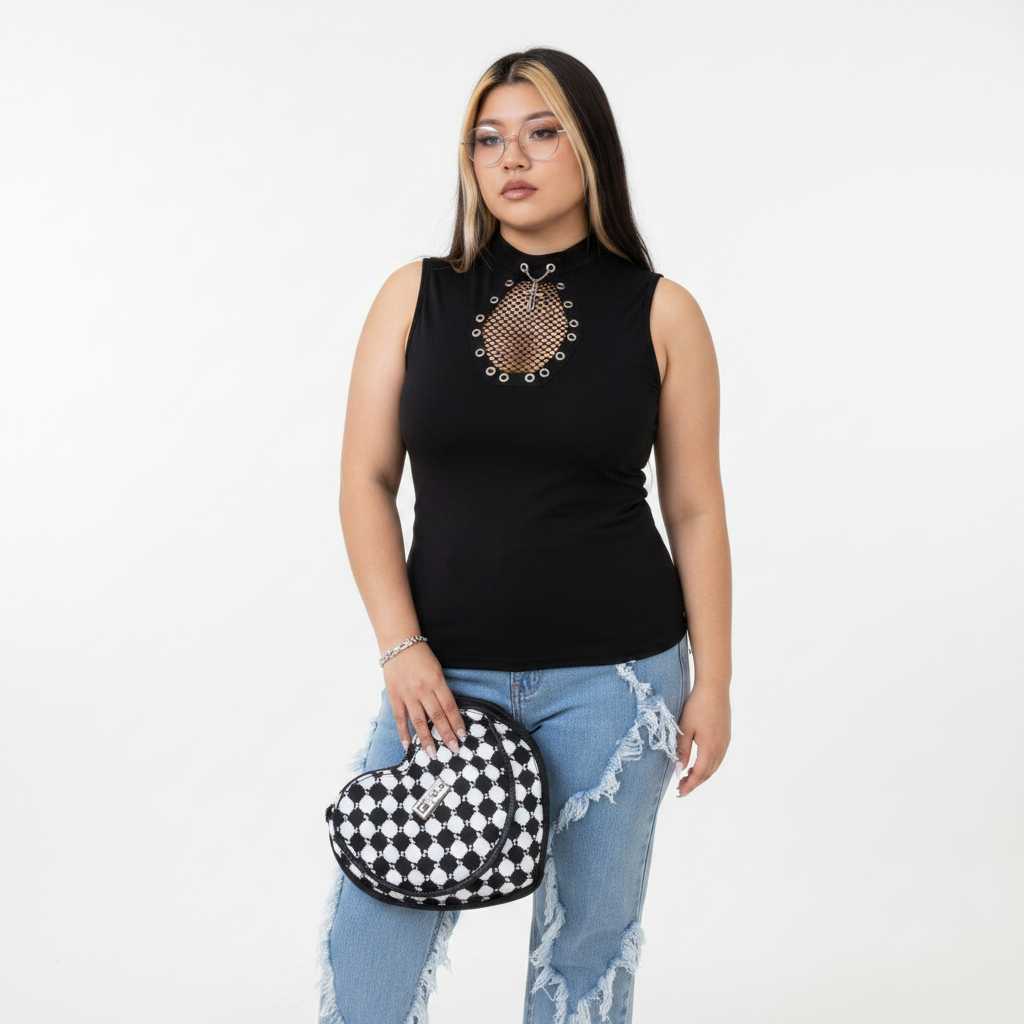 Goth Dark Punk Fashion Sleeveless Tanks Tops Mall Gothic Fishing Net Patchwork Bottoming Shirts Women Trim Y2K Vest Techwear Alt