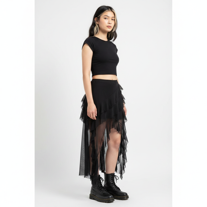 Goth Dark Mall Gothic Black Outfits Women Fashion Street Bottoms Mesh Patchwork Irregular Hem Skirt Kawaii Ruffles Skirts