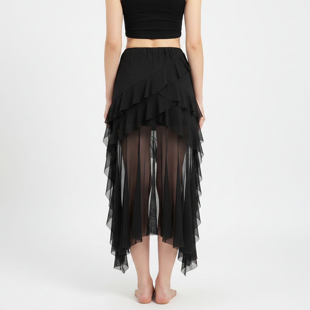 Goth Dark Mall Gothic Black Outfits Women Fashion Street Bottoms Mesh Patchwork Irregular Hem Skirt Kawaii Ruffles Skirts