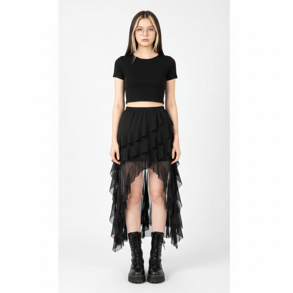Goth Dark Mall Gothic Black Outfits Women Fashion Street Bottoms Mesh Patchwork Irregular Hem Skirt Kawaii Ruffles Skirts