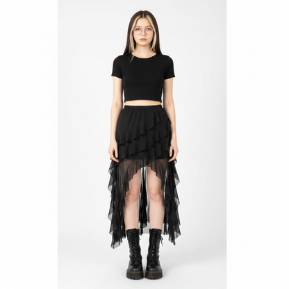 Goth Dark Mall Gothic Black Outfits Women Fashion Street Bottoms Mesh Patchwork Irregular Hem Skirt Kawaii Ruffles Skirts