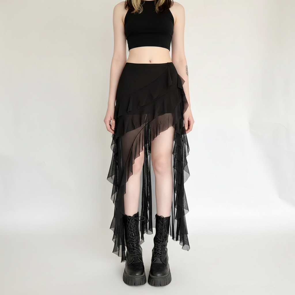 Goth Dark Mall Gothic Black Outfits Women Fashion Street Bottoms Mesh Patchwork Irregular Hem Skirt Kawaii Ruffles Skirts