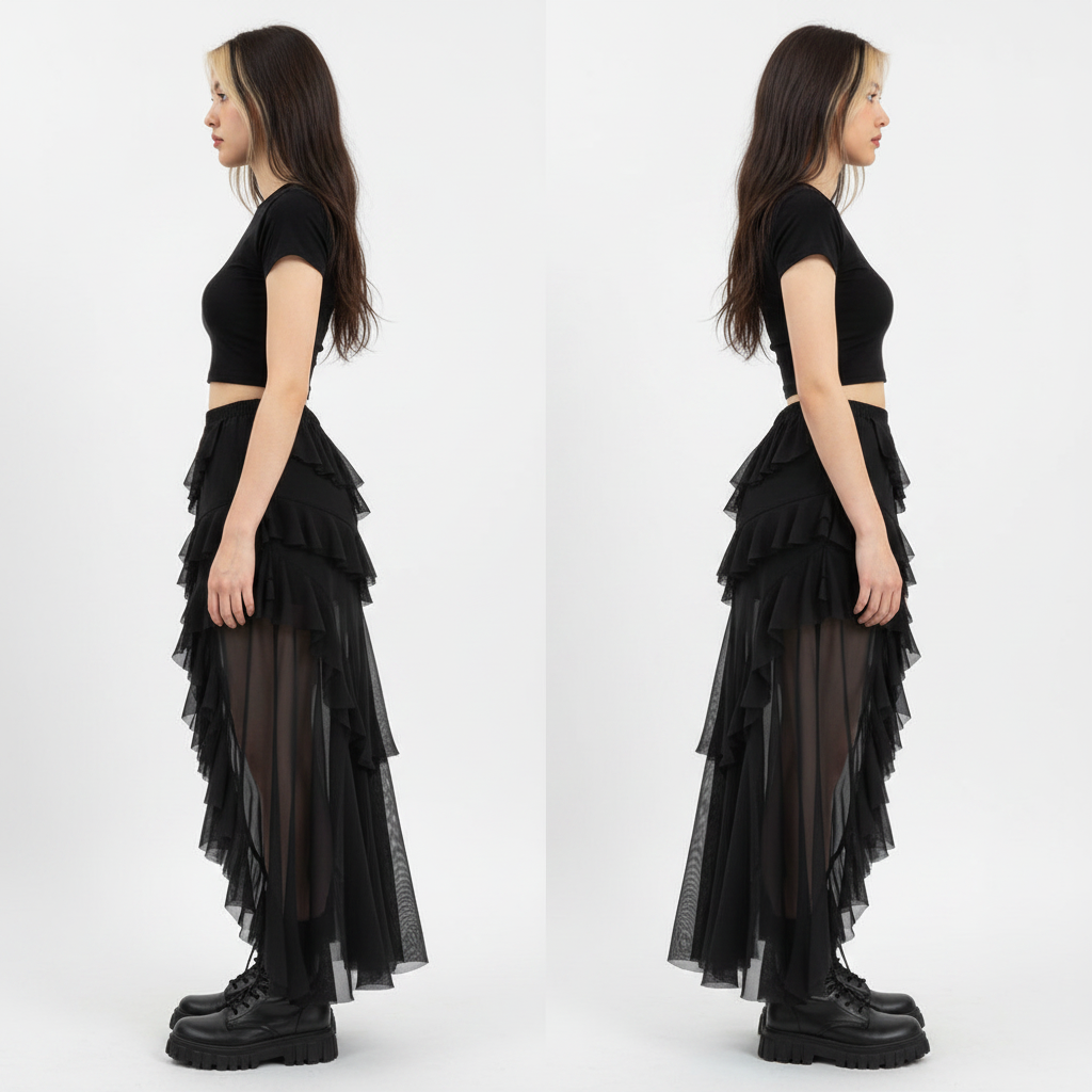 Goth Dark Mall Gothic Black Outfits Women Fashion Street Bottoms Mesh Patchwork Irregular Hem Skirt Kawaii Ruffles Skirts