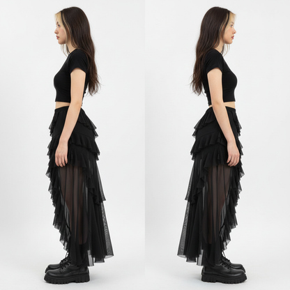 Goth Dark Mall Gothic Black Outfits Women Fashion Street Bottoms Mesh Patchwork Irregular Hem Skirt Kawaii Ruffles Skirts