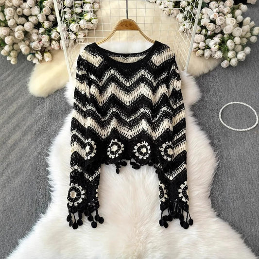 Boho Waves Crochet Fringe Sweater