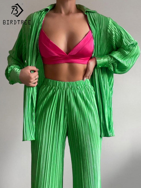 Tracksuit Women's Two Piece Sets Loose Long Sleeve Shirt Tops and Wide Leg Pants Pleated Suits 2022 Summer Female S27410X