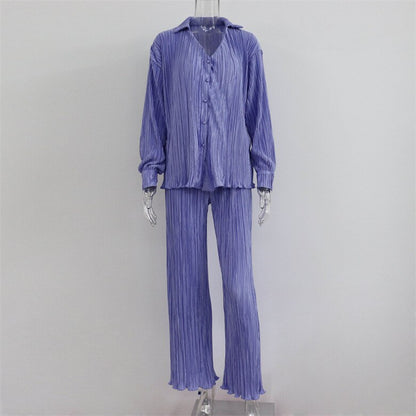 Tracksuit Women's Two Piece Sets Loose Long Sleeve Shirt Tops and Wide Leg Pants Pleated Suits 2022 Summer Female S27410X