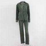 Tracksuit Women's Two Piece Sets Loose Long Sleeve Shirt Tops and Wide Leg Pants Pleated Suits 2022 Summer Female S27410X