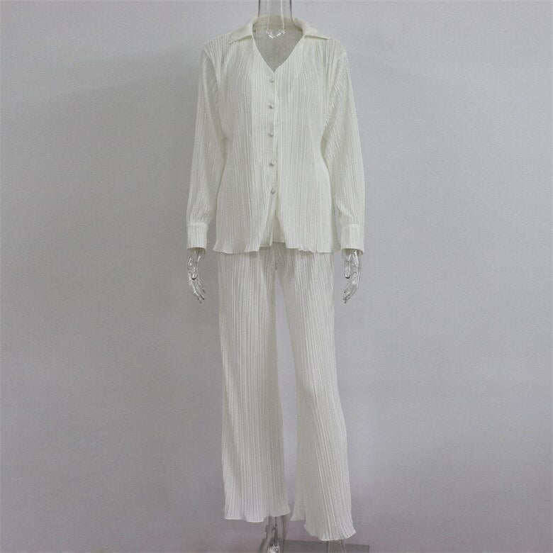 Tracksuit Women's Two Piece Sets Loose Long Sleeve Shirt Tops and Wide Leg Pants Pleated Suits 2022 Summer Female S27410X