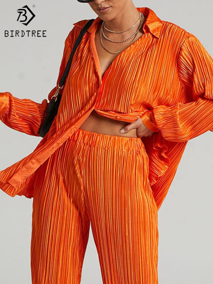 Tracksuit Women's Two Piece Sets Loose Long Sleeve Shirt Tops and Wide Leg Pants Pleated Suits 2022 Summer Female S27410X