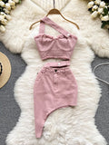Summer Pink Denim Sexy Women Sets Elegant Zipper Suspenders Tops Sashes Button Pocket Irregular Slash Neck Slim Two Piece Set