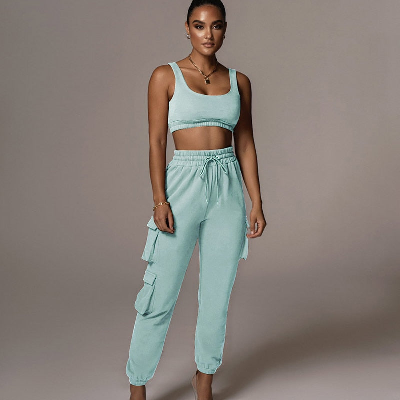 Solid Athleisure Casual Sporty Tracksuit Sets For Women Tank Top And Jogger Pants Suit Summer Two Piece Outfit Fashion 2022 Set