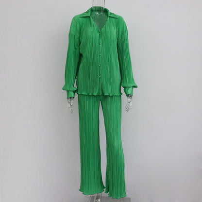 Tracksuit Women's Two Piece Sets Loose Long Sleeve Shirt Tops and Wide Leg Pants Pleated Suits 2022 Summer Female S27410X
